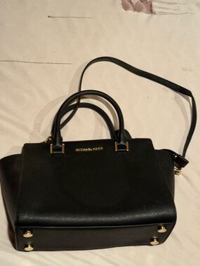 Michael Kors Black Leather Satchel with Gold Hardware